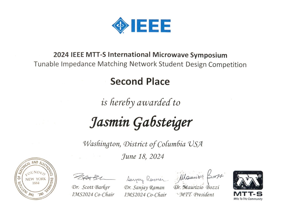 Urkunde - Second Place Tunable Impedance Matching Network Student Design Competition 