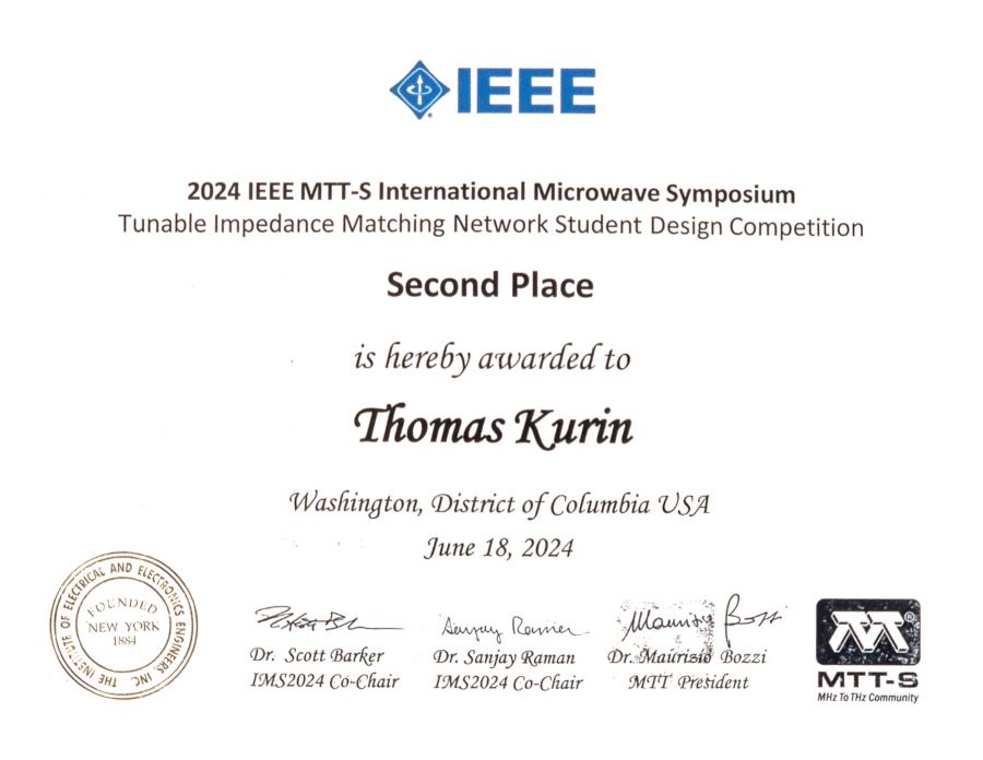 Urkunde - Second Place Tunable Impedance Matching Network Student Design Competition 
